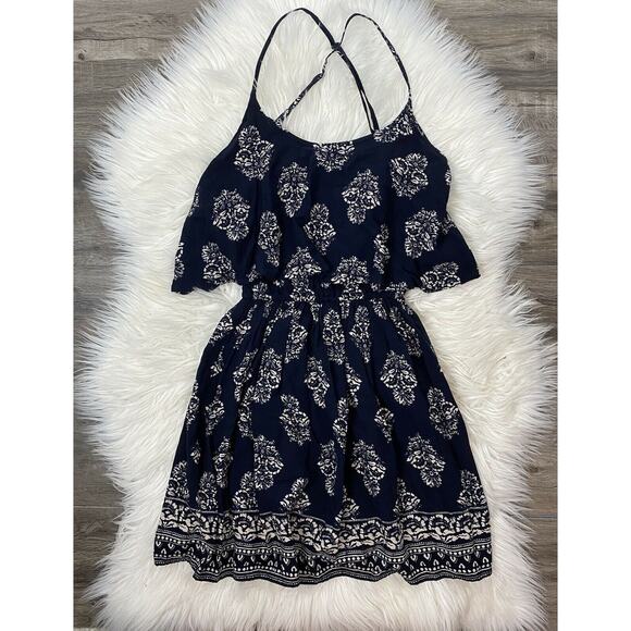 Hollister XS Dress Blue Beige Pattern Spaghetti Straps - Picture 1 of 6